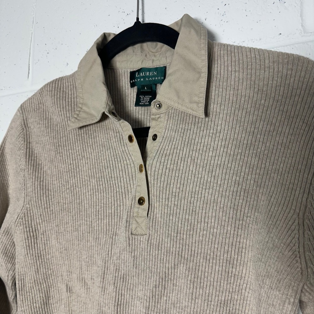 Lauren Ralph Lauren Tan Ribbed Knit Long Sleeve Polo Sweater Cotton Beige Large